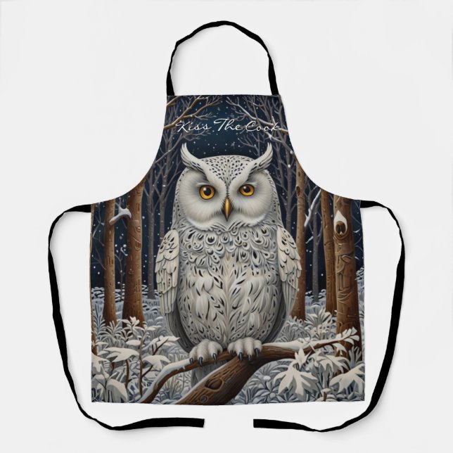 Elegant boho white owl woodland winter forest apron (Front)