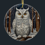 Elegant boho white owl woodland winter forest ceramic ornament<br><div class="desc">Immerse yourself in the enchanting allure of this elegant bohemian owl artwork, where nature's elegance meets timeless artistry. Set against a lush winter forest backdrop, this exquisite piece captures the serene beauty of a pristine woodland landscape, rich with intricate details of the snow covered trees against midnight blue starry sky,...</div>