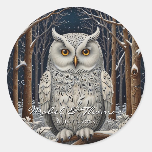 Elegant boho white owl woodland winter forest classic round sticker (Front)