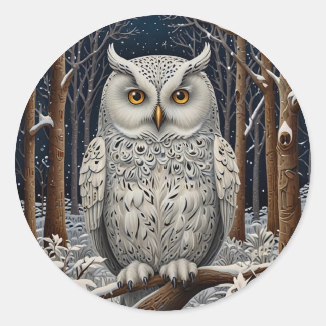 Elegant boho white owl woodland winter forest classic round sticker (Front)
