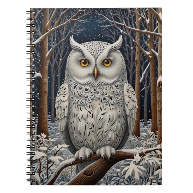 Elegant boho white owl woodland winter forest notebook (Front)