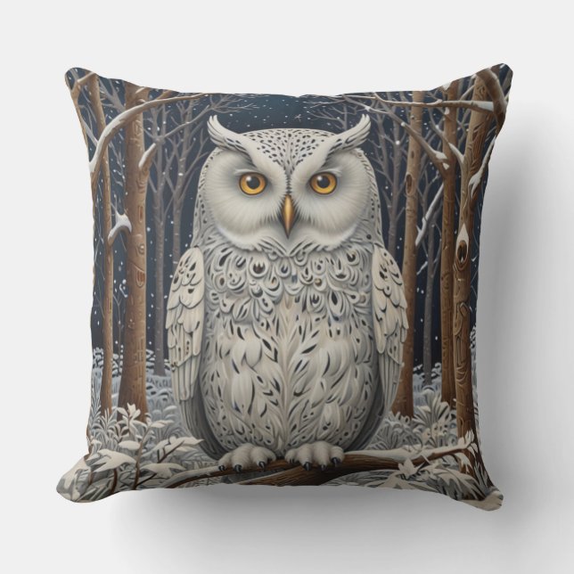Elegant boho white owl woodland winter forest outdoor pillow (Front)