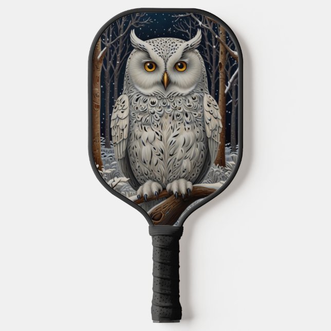 Elegant boho white owl woodland winter forest pickleball paddle (Front)