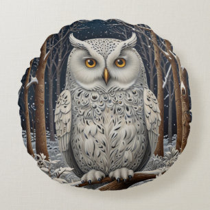 Elegant boho white owl woodland winter forest round pillow