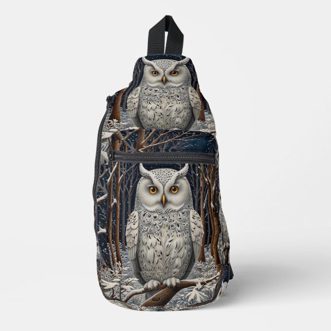 Elegant boho white owl woodland winter forest sling bag (Front)