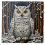 Elegant boho white owl woodland winter forest tile<br><div class="desc">Immerse yourself in the enchanting allure of this elegant bohemian owl artwork, where nature's elegance meets timeless artistry. Set against a lush winter forest backdrop, this exquisite piece captures the serene beauty of a pristine woodland landscape, rich with intricate details of the snow covered trees against midnight blue starry sky,...</div>
