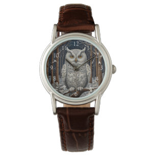 Elegant boho white owl woodland winter forest watch