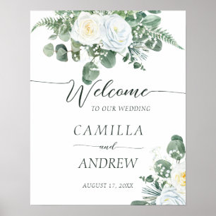 Elegant Boho White Roses with Greenery Welcome Poster