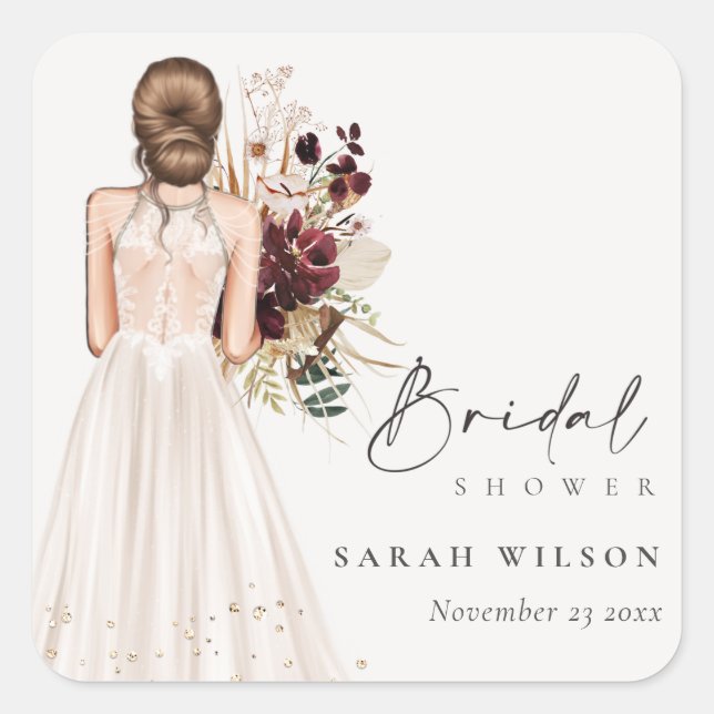 Elegant Boho White Wedding Gown Bridal Shower Square Sticker (Front)