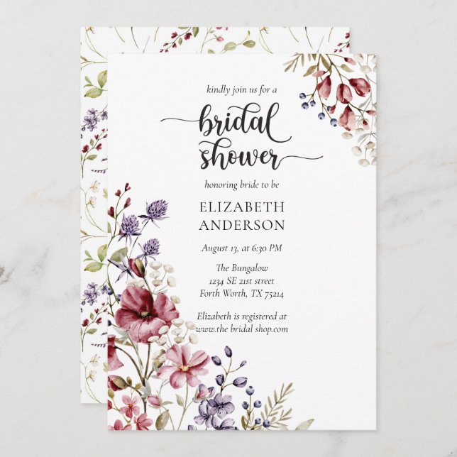 Elegant Boho Wildflower Bridal Shower Invitation (Front/Back)