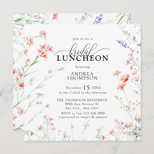 Elegant Boho Wildflower Floral Bridal Luncheon Invitation (Front/Back)