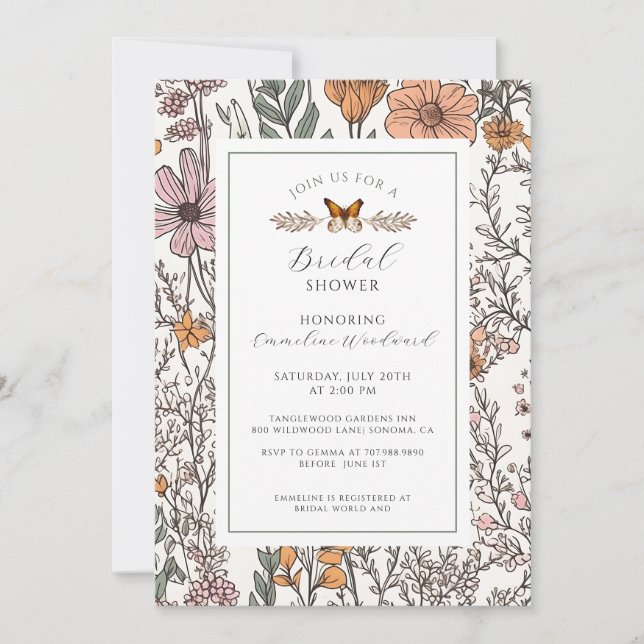 Elegant Boho Wildflower Floral Bridal Shower Invitation (Front)