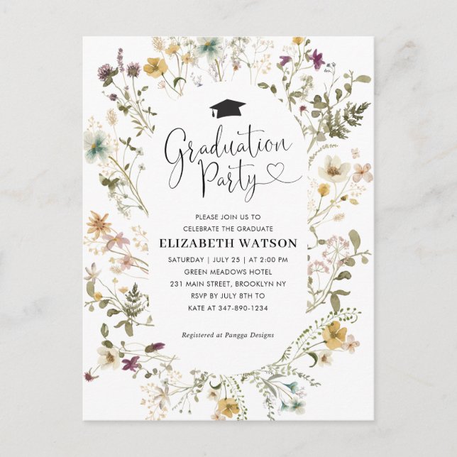 Elegant Boho Wildflower Floral Graduation Party Postcard (Front)