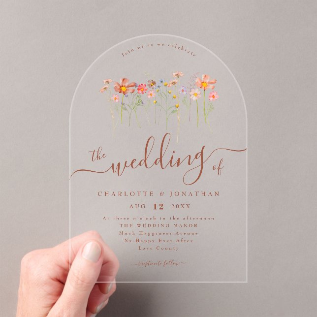 Elegant Boho Wildflower Floral Terracotta Wedding Acrylic Invitations (Insitu (Handheld))