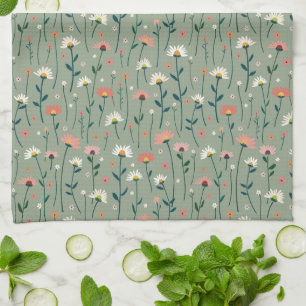 Elegant Boho Wildflower Garden Sage Green Kitchen Towel