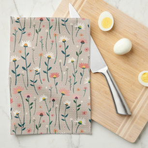 Elegant Boho Wildflower Summer Garden Taupe  Kitchen Towel