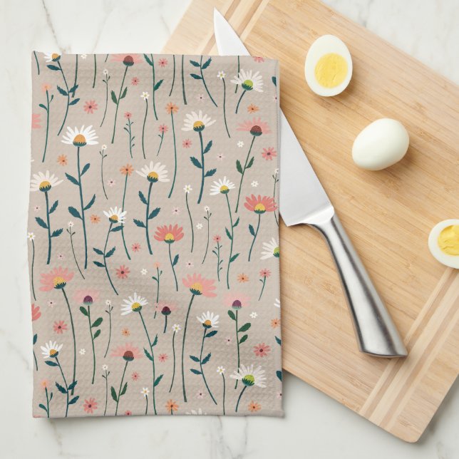 Elegant Boho Wildflower Summer Garden Taupe  Kitchen Towel (Quarter Fold)