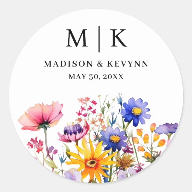 Elegant Boho Wildflower Wedding Classic Round Sticker (Front)