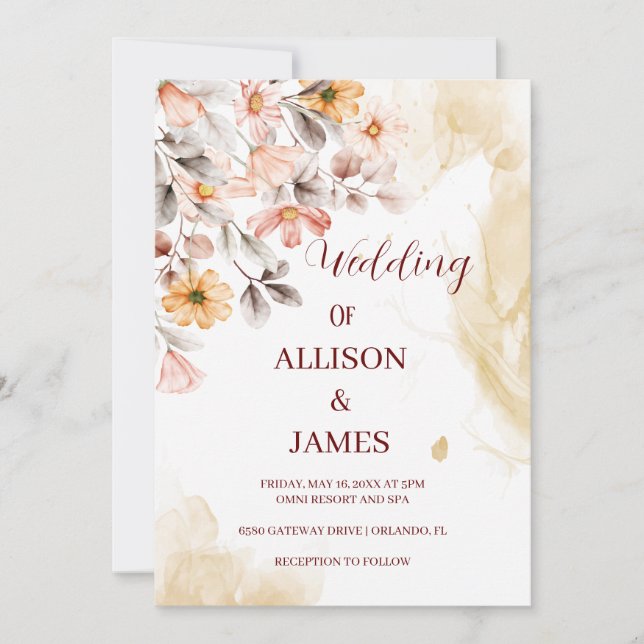"Elegant Boho Wildflower Wedding Invitation (Front)