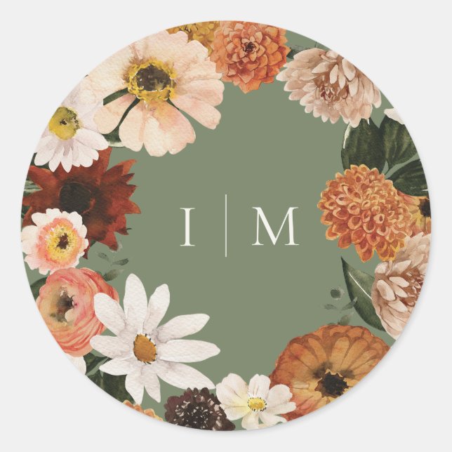 Elegant Boho Wildflower Wedding Monogram Classic Round Sticker (Front)
