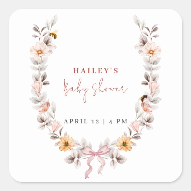 Elegant Boho Wildflower Wreath Baby Shower Square Sticker (Front)