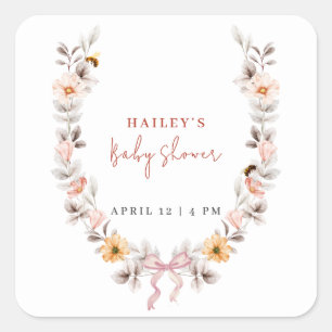Elegant Boho Wildflower Wreath Baby Shower Square Sticker