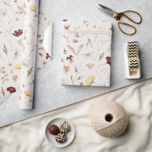 Elegant Boho WildflowerGreenery Leaves  Wrapping Paper (Crafts)