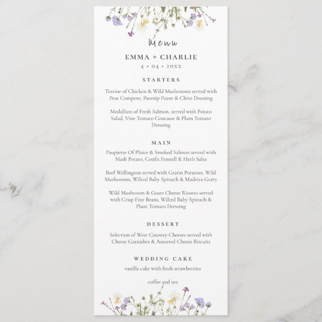 Elegant Boho wildflowers Script Wedding  Menu (Front)