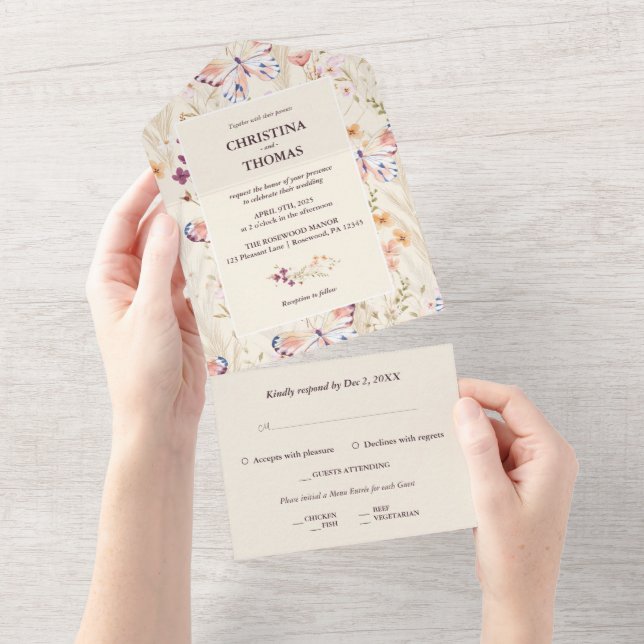 Elegant Boho Wildflowers Wedding Invitation (Tearaway)