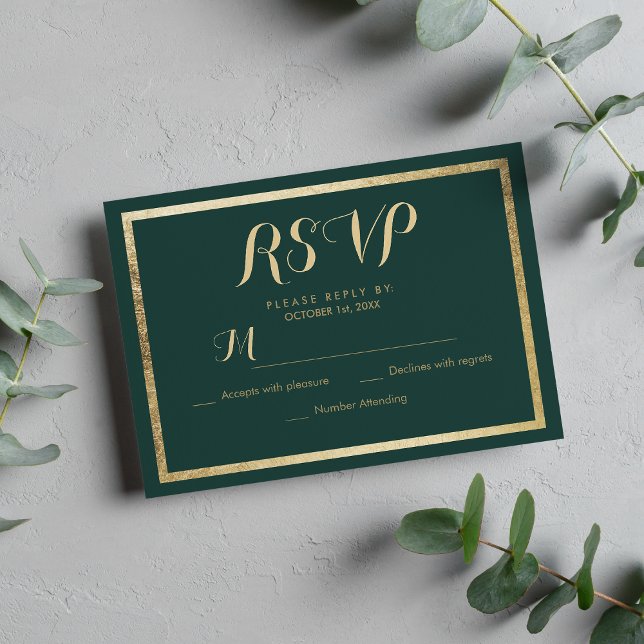 Elégant bois moderne vert faux or RSVP (Elegant modern forest green faux gold RSVP)