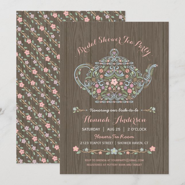 Élégant bois Teapot nuptiale de douche Invitation (Devant / Derrière)