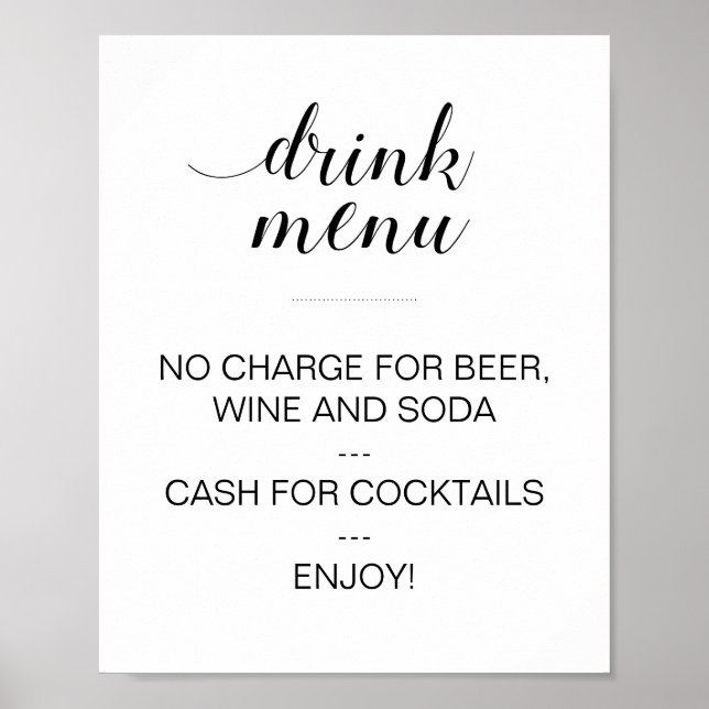 Élégant Boisson Menu Mariage Signer Poster personn (Devant)