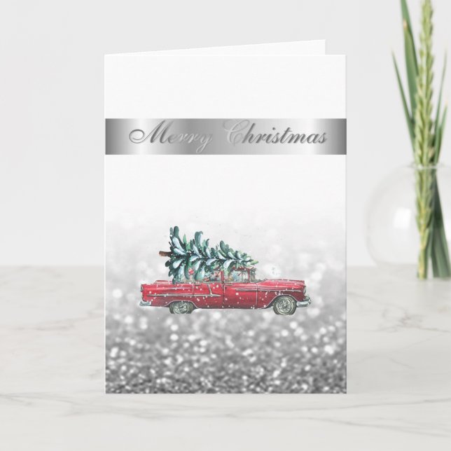 Elegant Bokeh,Chic Retro Car Christmas Tree   Holiday Card (Front)