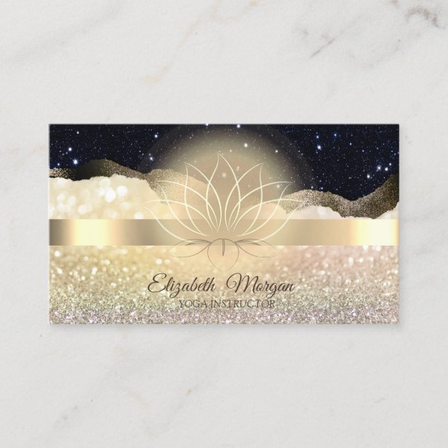 Elegant Bokeh Gold, Lotus Black Glitter  Yoga  Business Card (Front)