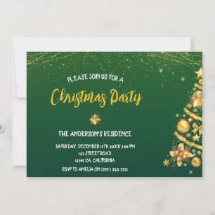 Elegant Bokeh Gold Pine Tree Christmas Party Invitation