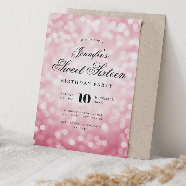 Elegant Bokeh Lights Script Sweet 16 Blush Pink Invitation (Elegant Bokeh Lights Script Sweet 16 Blush Pink Invitation)