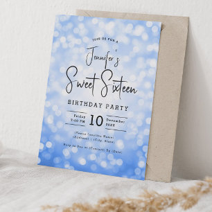 Elegant Bokeh Modern Script Sweet 16 Navy Blue Invitation