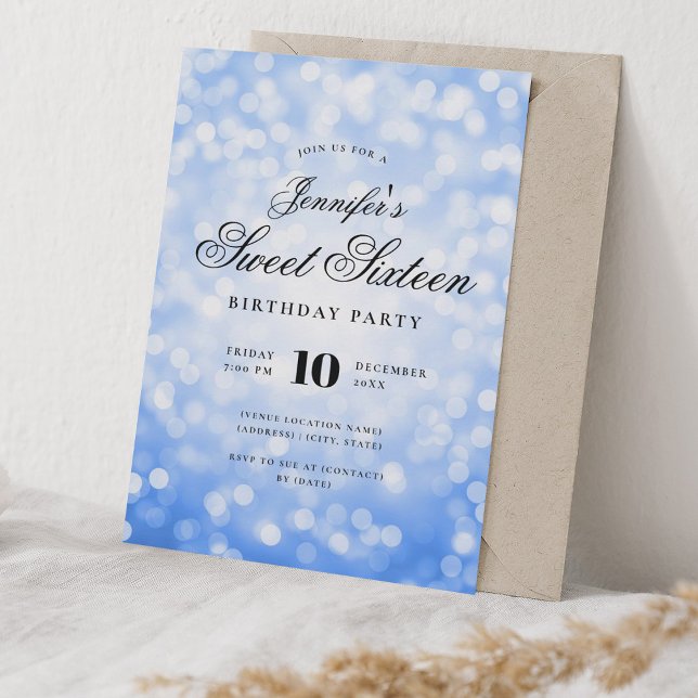 Elegant Bokeh Script Sweet 16 Party Navy Blue  Invitation (Elegant Bokeh Script Sweet 16 Party Navy Blue Invitation)