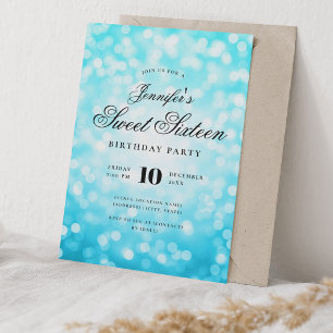 Elegant Bokeh Script Sweet 16 Party Turquoise Invitation