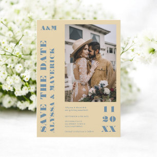 Elegant Bold blue yellow 2 photos wedding Save The Date