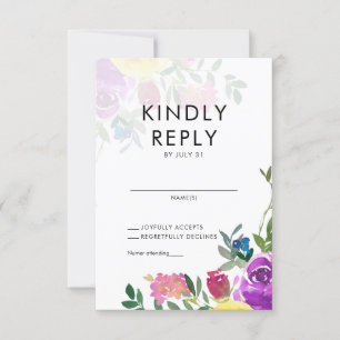 Elegant Bold Colourful Floral Watercolor Wedding RSVP Card