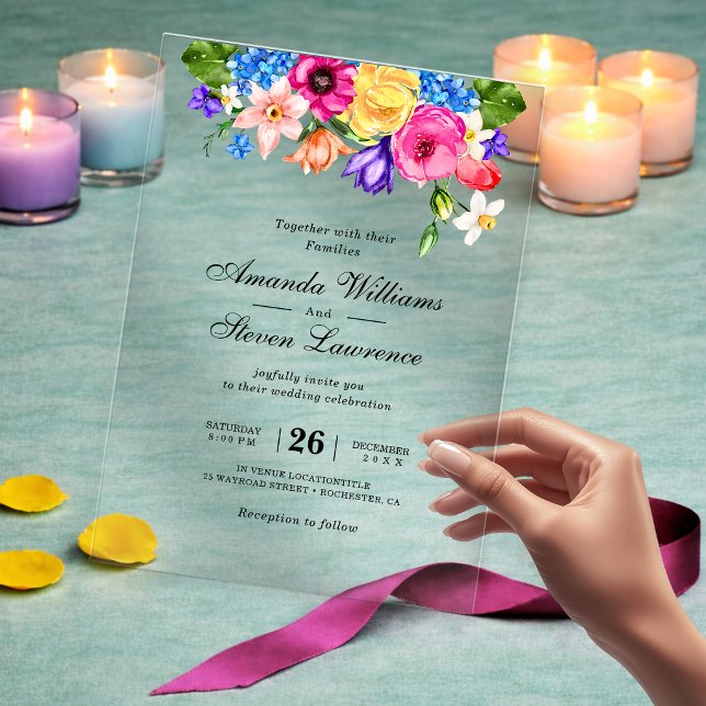 Elegant Bold Colourful Watercolor Floral wedding Acrylic Invitations (Creator Uploaded)
