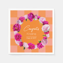 Elegant Bold Floral Orange & Pink Check Graduation