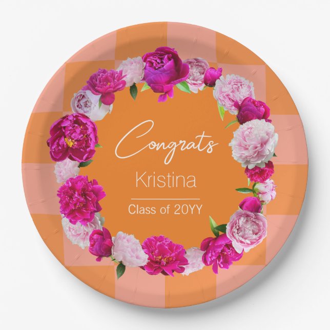 Elegant Bold Floral Orange & Pink Check Graduation Paper Plate (Front)