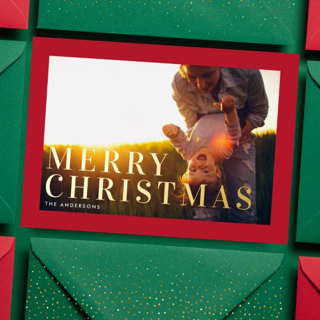 Elegant Bold Gold Merry Christmas Red Frame Photo Foil Holiday Card (Creator Uploaded)