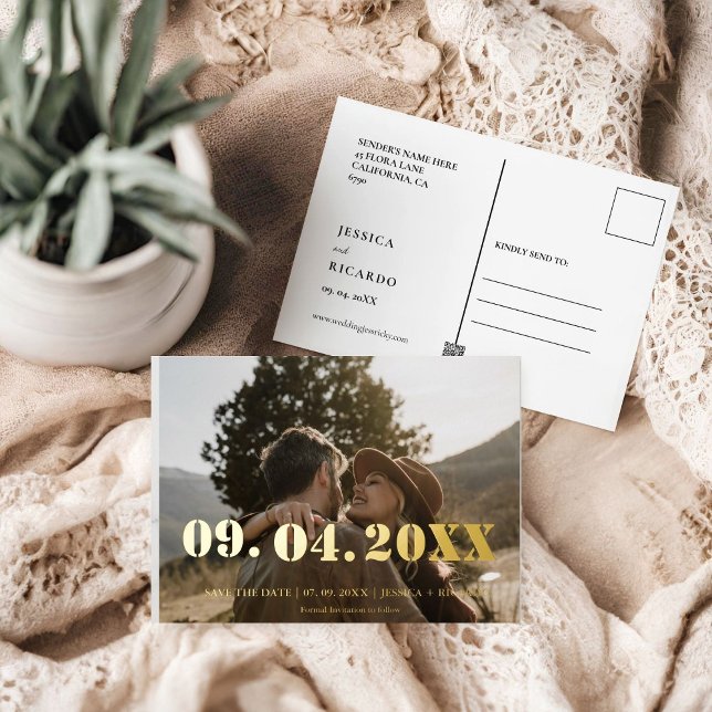 Elegant Bold Letter Photo Wedding Save the date  Foil Invitation Postcard (Creator Uploaded)