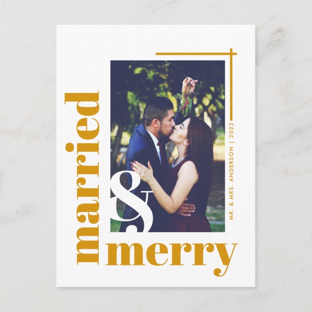 Elegant Bold Married and Merry Photo Christmas Postcard (Front)