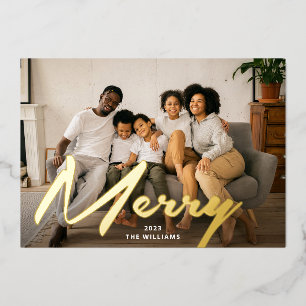 Elegant Bold Merry Brush Script Photo Real Gold Foil Holiday Card