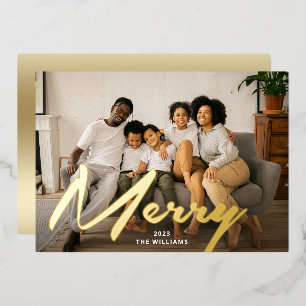 Elegant Bold Merry Brush Script Photo Real Gold Foil Holiday Card