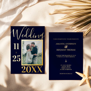 Elegant Bold Navy Blue Anchor Photo Wedding Gold